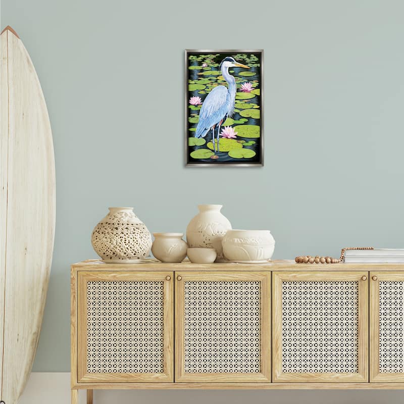 Stupell Heron Among Pond Lilies Framed Floater Canvas Wall Art Design By Rosiland Solomon