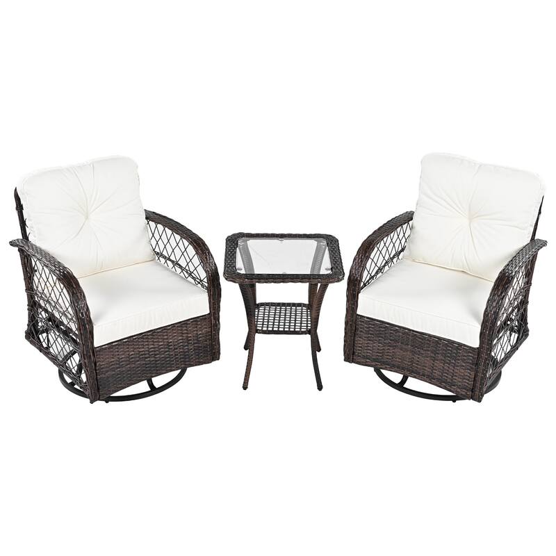 3-Piece Outdoor Rattan Seating Group with 2 Swivel Chairs & 1 Square Table