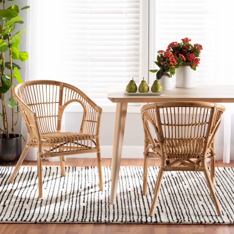 Alleta Modern Bohemian Natural Brown Rattan 2-Piece Dining Chair Set
