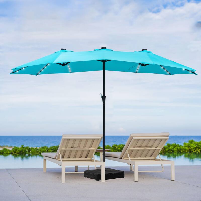 Ainfox 15ft Patio Umbrella with Base Outdoor Umbrella with Lights - Blue