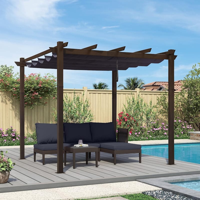 PURPLE LEAF Outdoor Retractable Bronze Metal Pergola w Canopy for Beach Deck Gazebo