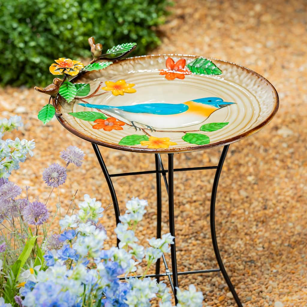 17" Metal Bird Bath, Blue Bird With Flowers
