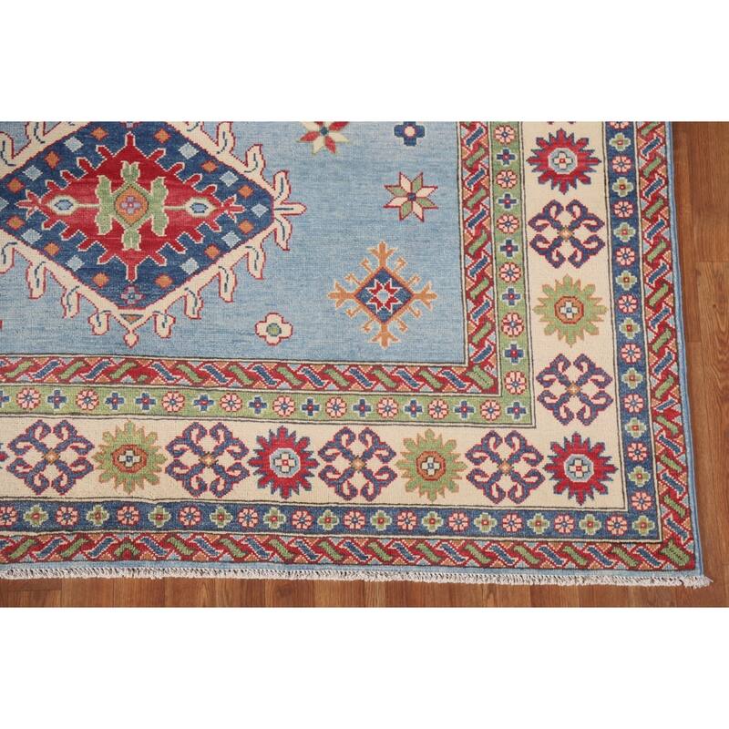 Hand Knotted Oriental 100% Wool Carpet Traditional Geometric Navy Blue & Blues Kazak Area Rug - 9' 8'' X 6' 6''