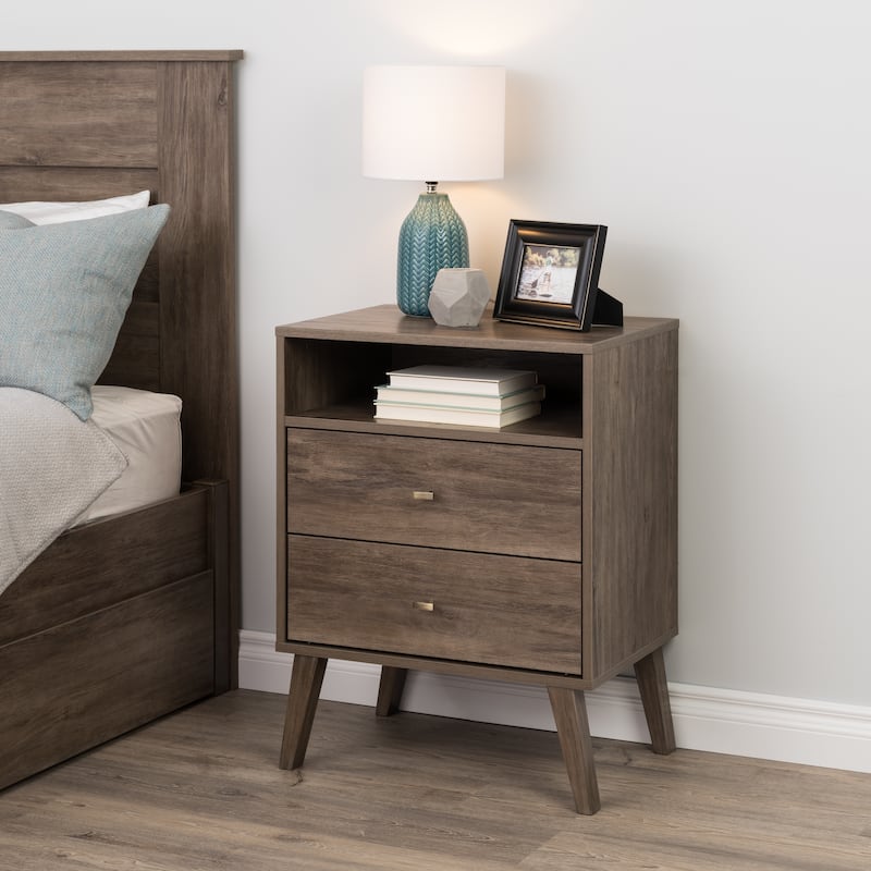 Prepac Milo Mid-Century Modern 2 Drawer Nightstand with Open Shelf, Bedside Table, Contemporary Bedroom Furniture