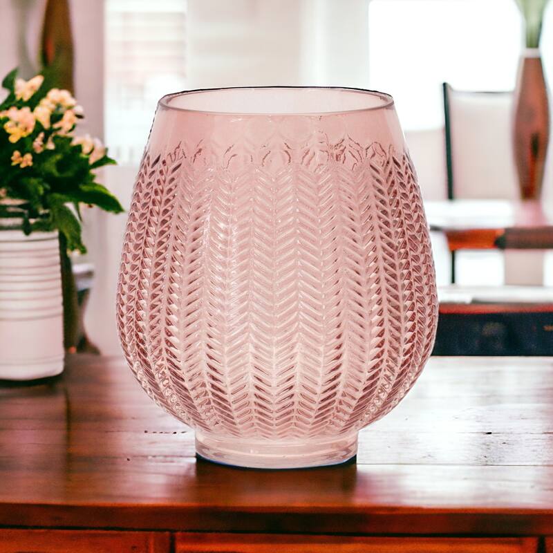 Pink Glass Round Table Vase with Textured Leaf Design, 8 Inch Indoor Decor