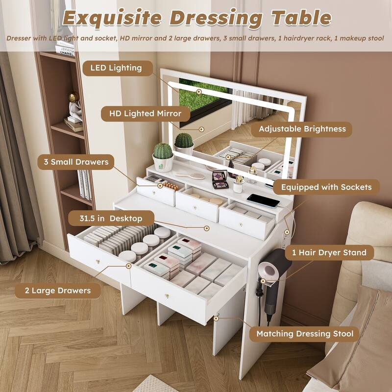 Large Mirror Vanity Desk for Bedroom, Modern Makeup Vanity with Power Outlet and Hair Dryer Holder, Dressing Table & Stool Set