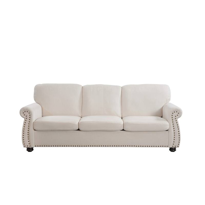 3 Seater Ivory Velvet Sofa with High-Density Foam, Loose Back Cushions and Solid Wood Turned Legs