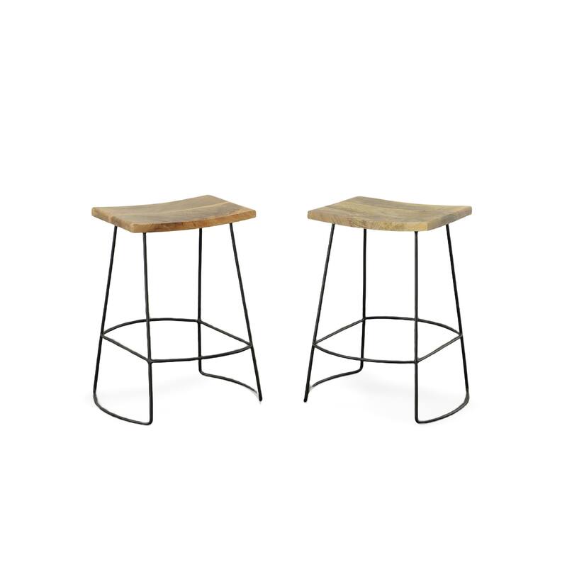 HomeRoots Set of Two 25" Natural And Black Steel Backless Counter Height Bar Chairs