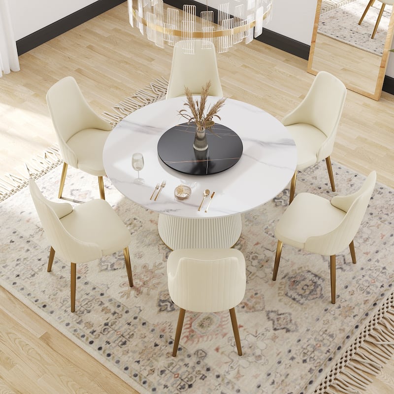 Modern 53" Round White Dining Table for 6 Person Marble Top Gold & Black Pedestal - white+black turntable