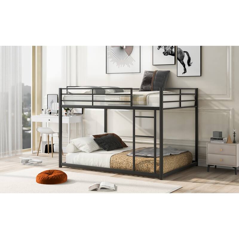 Sturdy Full over Full Metal Bunk Bed with Guardrails and Ladder, White
