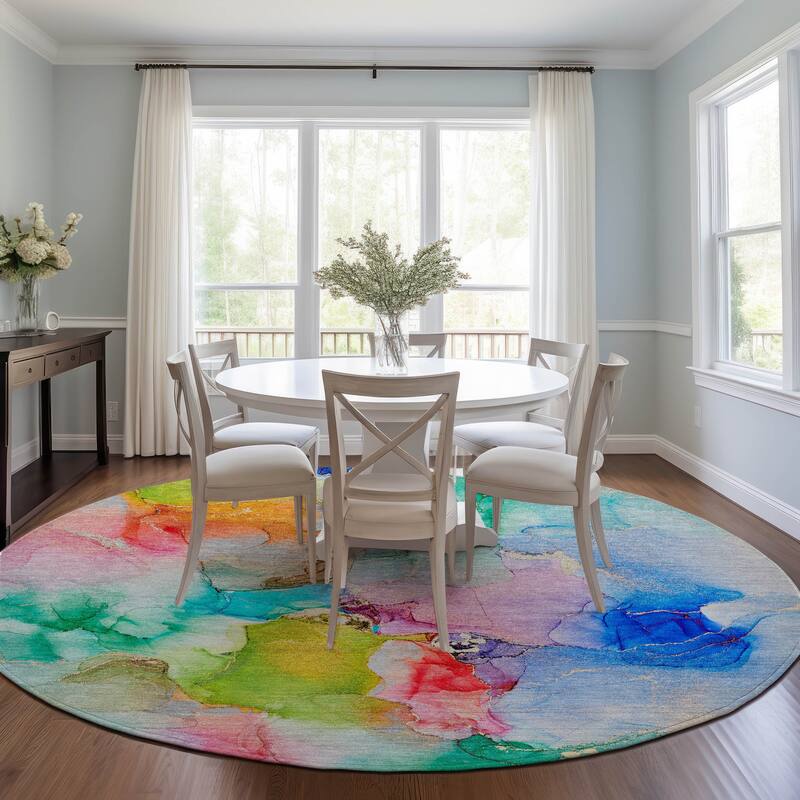 Machine Washable Indoor/ Outdoor Abstract Watercolor Chantille Rug - 8' x 8' - Blue