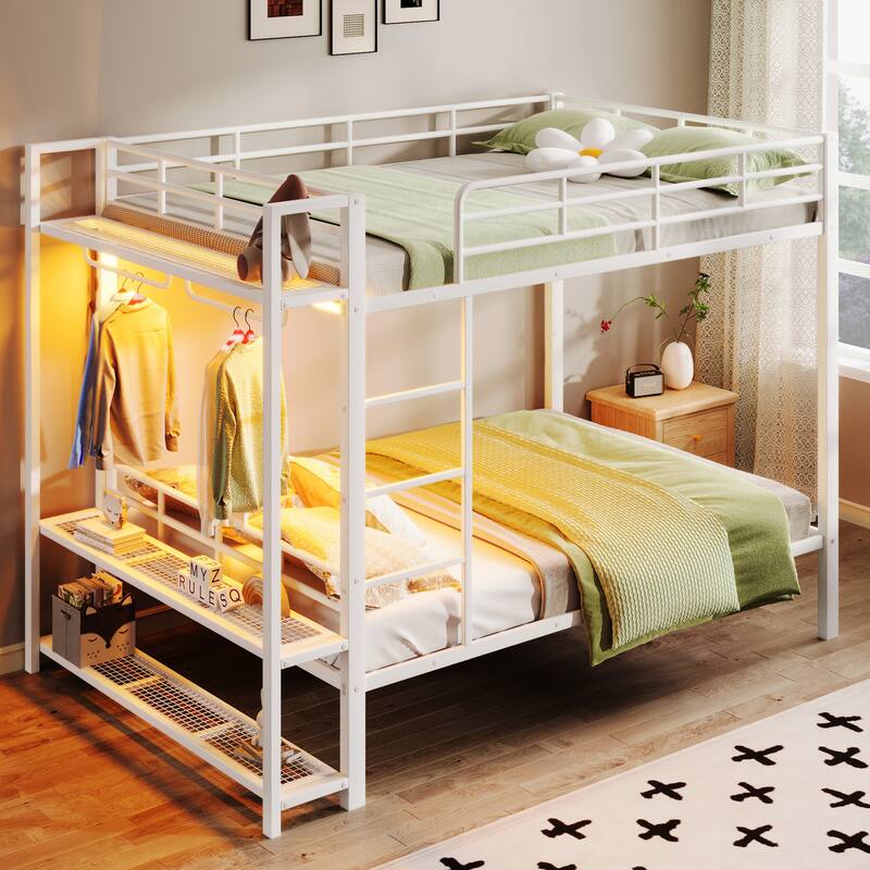 Full Size LED Bunk Bed with Storage Mesh Shelves and Clothes Hooks, Heavy Duty Metal Bunk Bed Frame, Full over Full