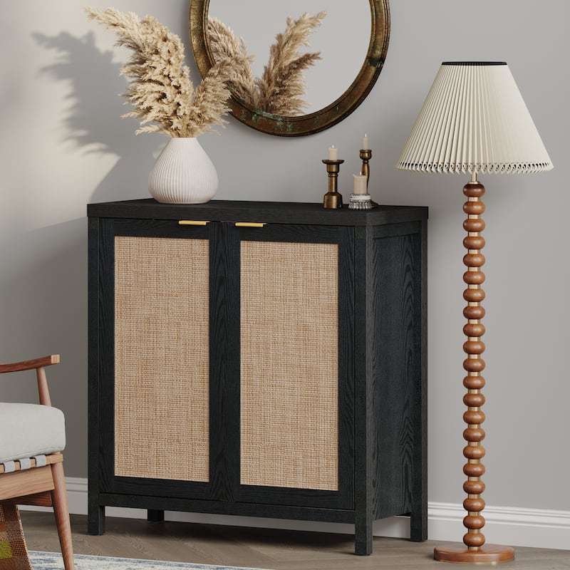 SICOTAS Rattan Sideboard Buffet Accent Storage Cabinet with 2 Doors - N/A - Black