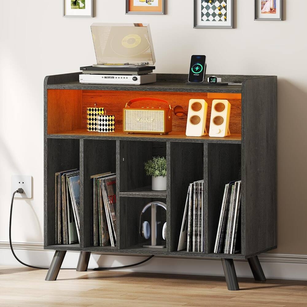 Moasis Record Player Stand, Vinyl Record Storage with Power Outlets and LED Lights, Holds Up to 130 Albums