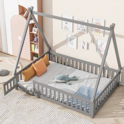 Tent-shaped Floor Bed, with Guardrails, Slats, Door