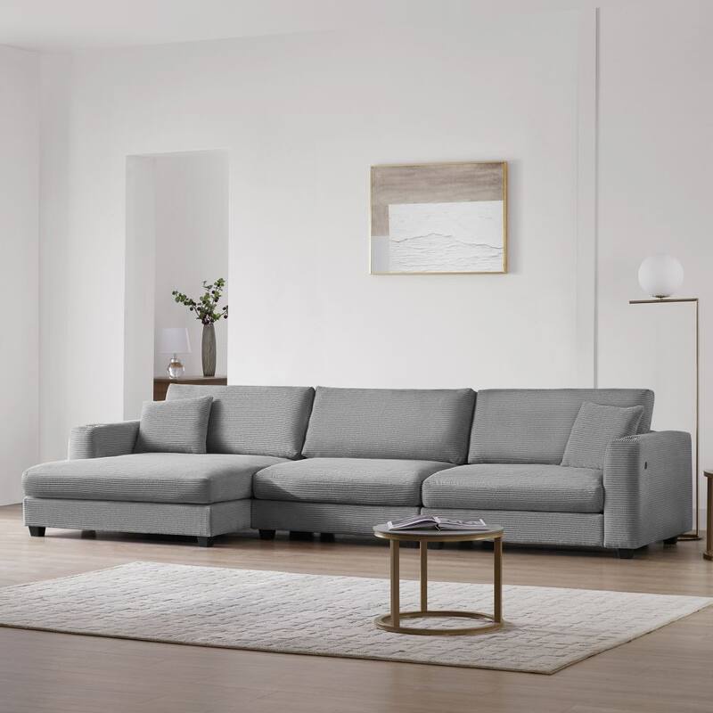 L Shaped Sectional Sofa with USB Charging Port and Cup Holder - Grey