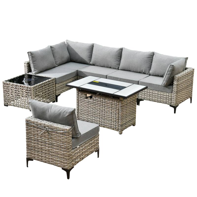 XIZZI 8-Piece Outdoor Wicker Furniture Sectional Set with Firepit