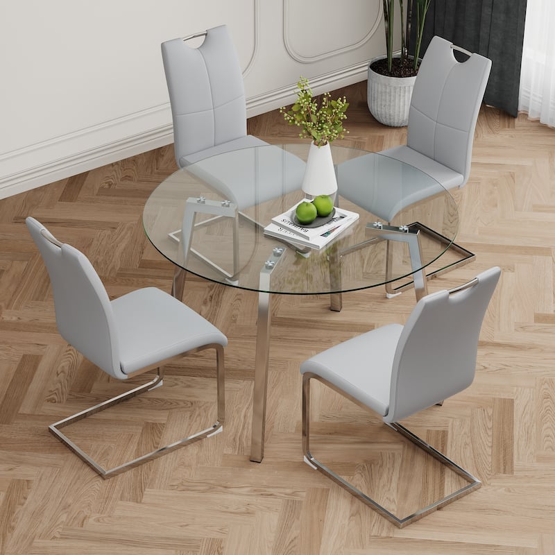 47.2" Round Glass Dining Table Set for 4, Modern 5-Piece Kitchen & Dining Table with 4 PU Chairs for Apartments, Kitchens