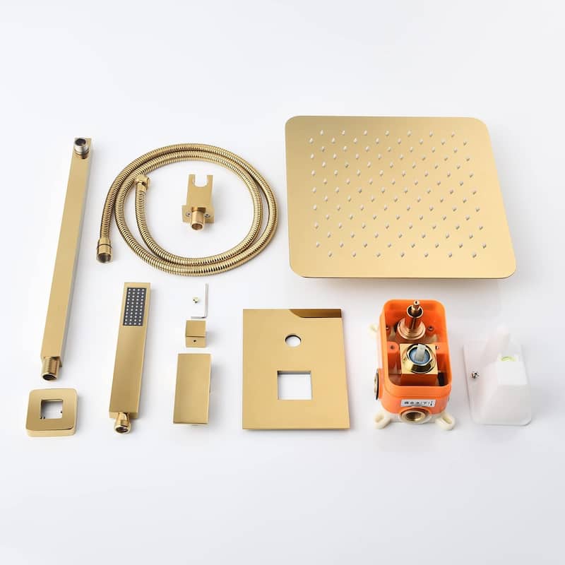 Polished gold wall mount 12 inch 3 LED light rain head 2 way shower faucet with handle sprayer - 7'6" x 10'9"