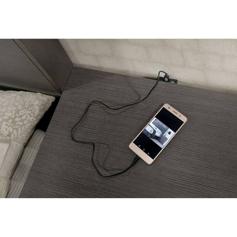 Contemporary Nightstand in Warm Gray, USB Charger, Chrome Hardware, Sleek Solid Wood Design