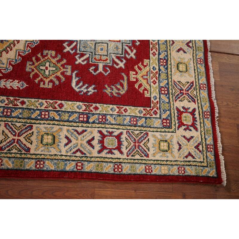 Red Geometric Kazak Foyer Rug Handmade Wool Carpet - 3'3" x 5'0"