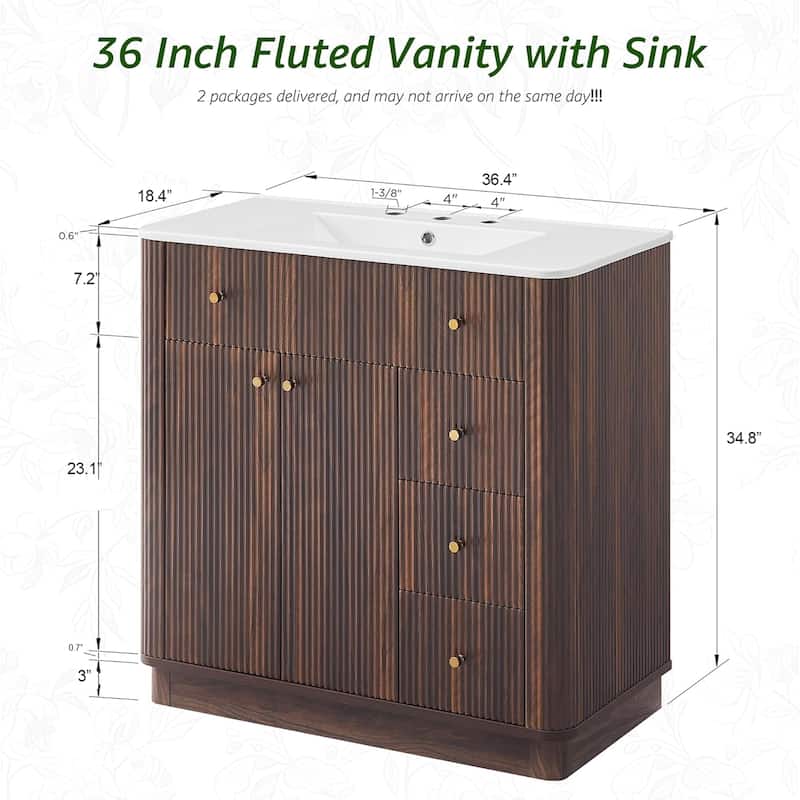 36" Modern Fluted Bathroom Vanity with Sink, Washstand for Kitchen