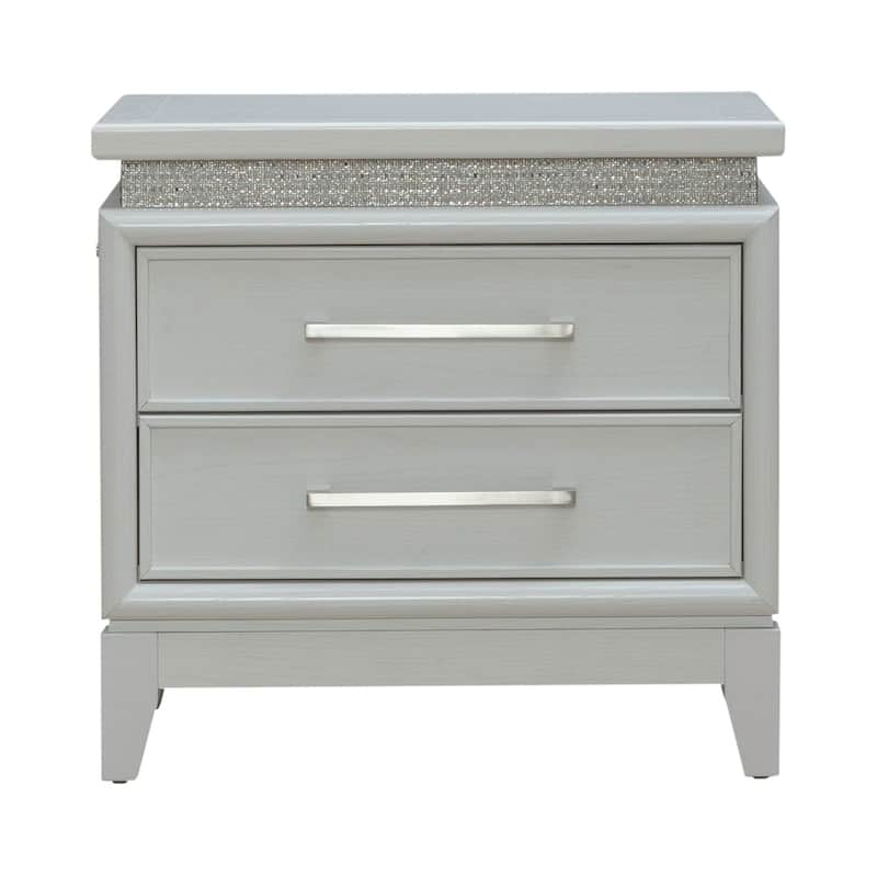 Reflections Pearl White Rhinestone Bedroom Nightstand with Charging Station, Touch LED Lighting