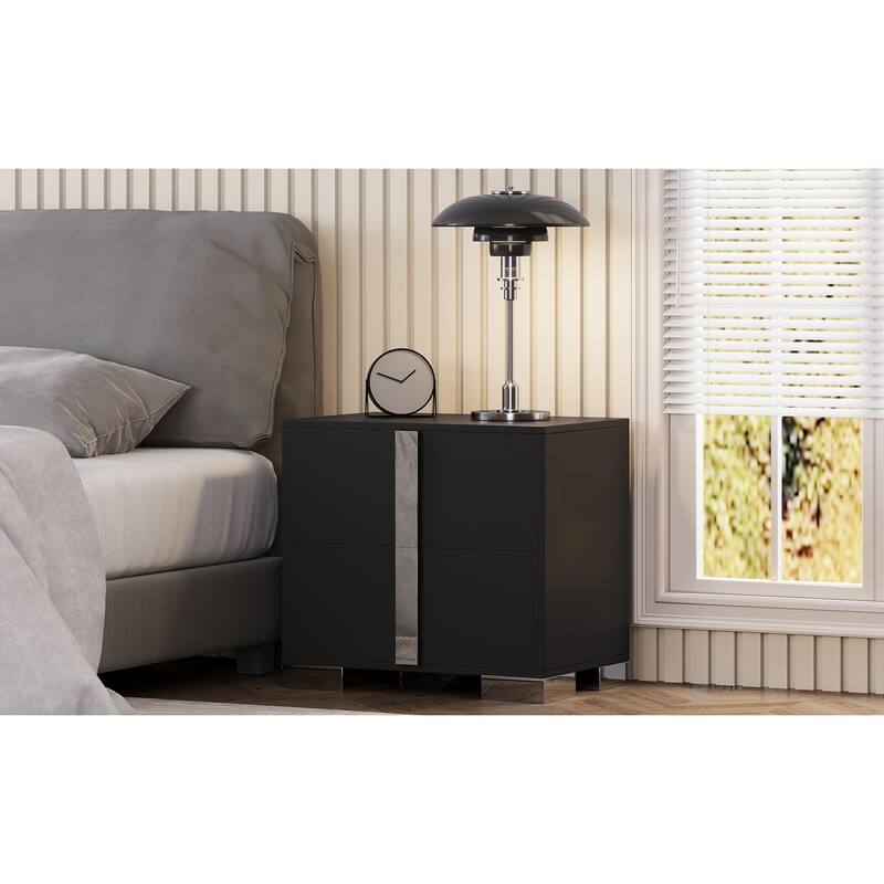 Modern End Table with Drawers, Elegant Nightstand with Metal Foot,Wood Bedside Table with Mirrored Metal Handles