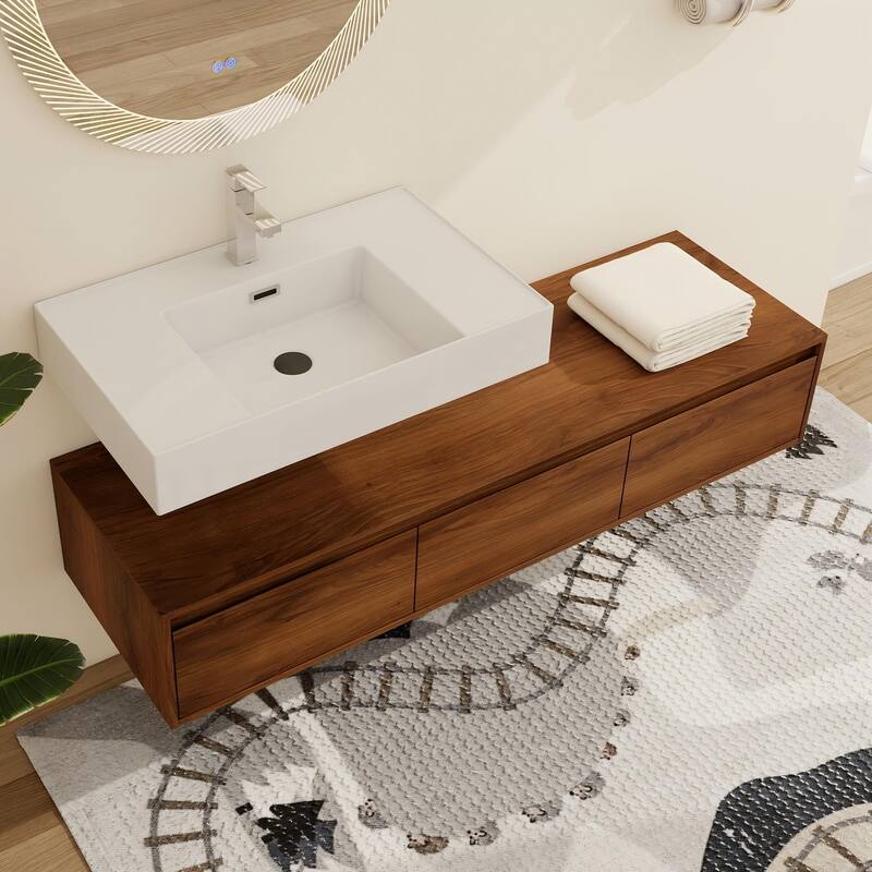 Malwee 30"/60" Floating Bathroom Vanity, Wall Mounted Bathroom Vanity with Single/Double Sink and Soft Close Drawers - 60"×18" - Dark Brown-30" Middle Sink