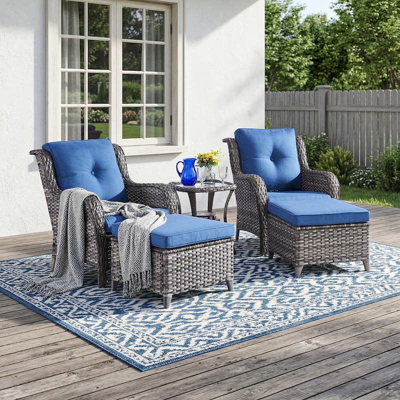 Pocassy Outdoor Patio Wciker Sofa Furniture Set of Chair Table. - Gray Wicker with Blue Cushion - 5-Pieces Patio Chair Ottoman w/ Side Table