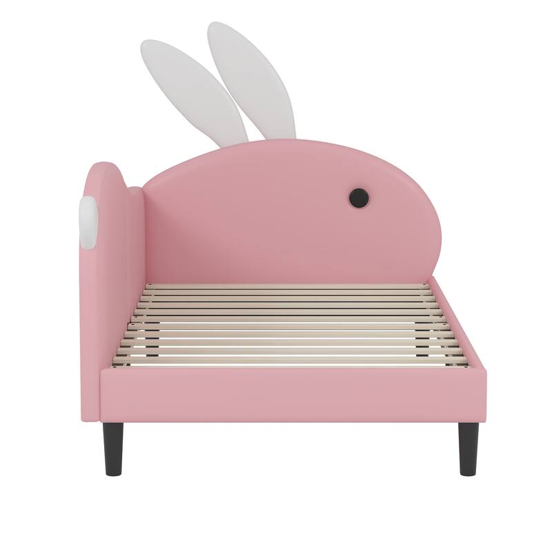 Pink Kids Bed Lovely Rabbit-Shape Daybed with Soft Backrest and Rabbit-ear Headboard, Platform Daybed Frame for Kids' Rooms