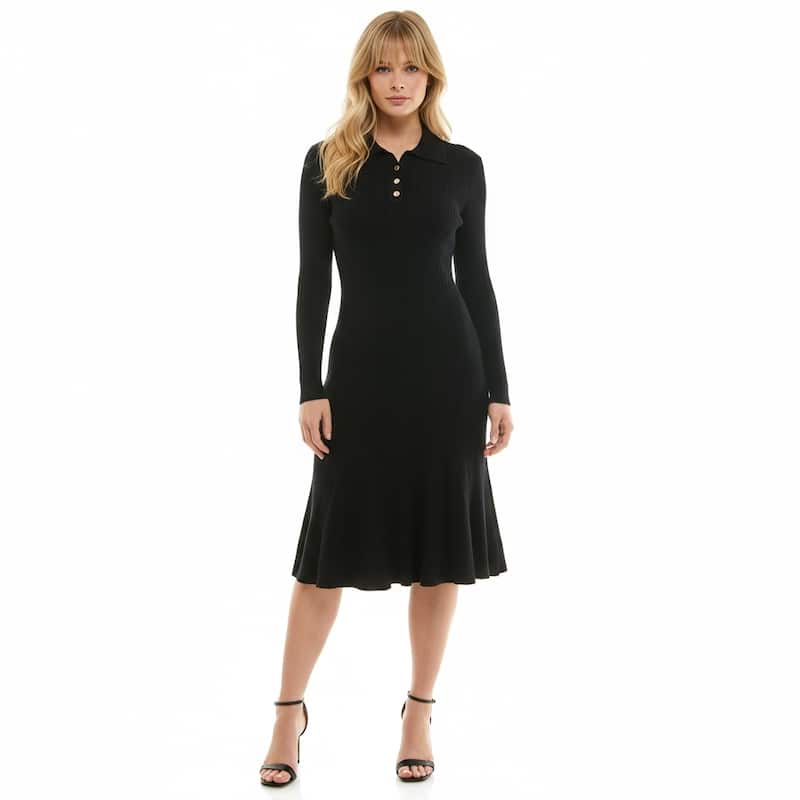 Nanette Lepore Ribbed Knit Polo Midi Dress with Long Sleeves