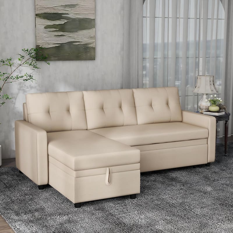 Linen L-Shaped 3-Seat Sofa Convertible Sectional Sofa - Beige