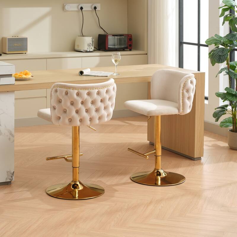 Set of 2 Modern Leather Upholstered Swivel Adjustable Height Tufted Bar Stools with Back
