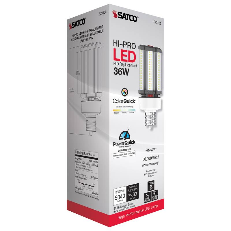 36/27/18 Wattage Selectable LED HID Replacement CCT Selectable Extended Mogul base 100-277 V - White