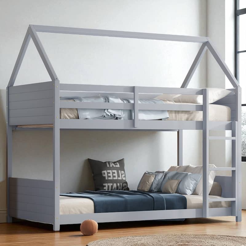 Twin Over Twin House Bunk Bed with Roof Frame, Guardrails, Ladder and Fluted Headboards, Solid Rubber Wood