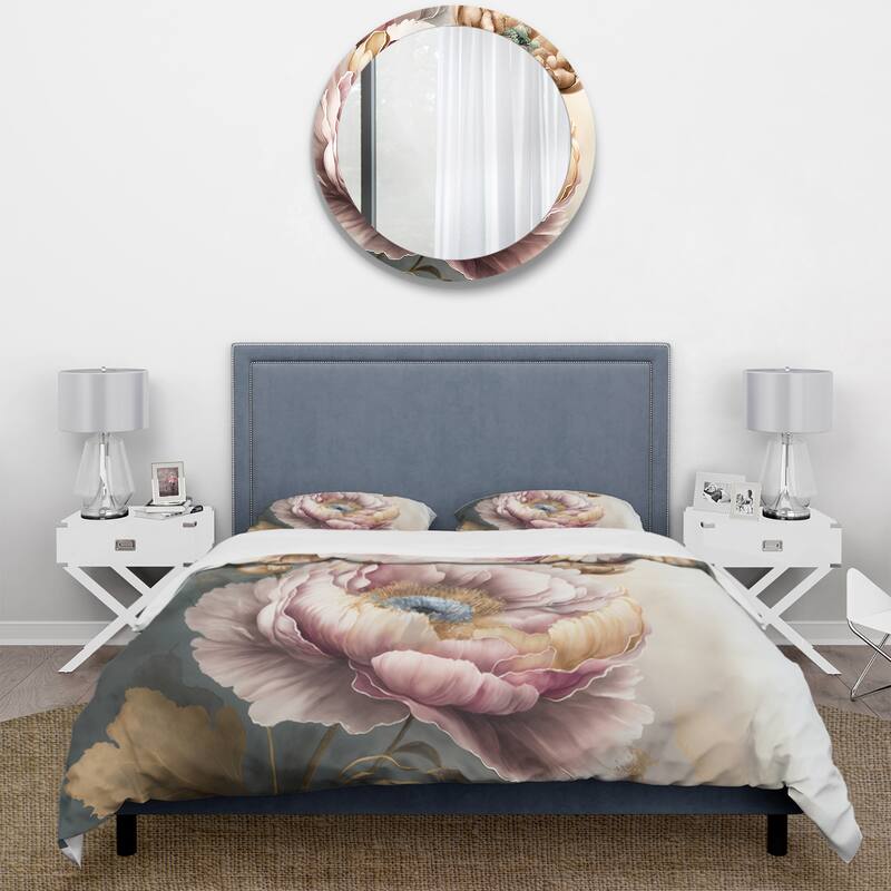 Designart "Pink And Gold Poppy Flowers I" Pink Traditional - Bed Cover Set With Shams