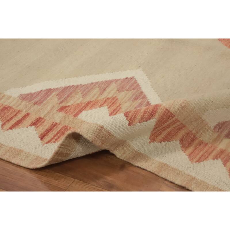 Hand Woven Oriental 100% Wool Carpet Southwestern Tribal Beige & Ivories Kilim Area Rug - 9' 8'' X 7' 11''
