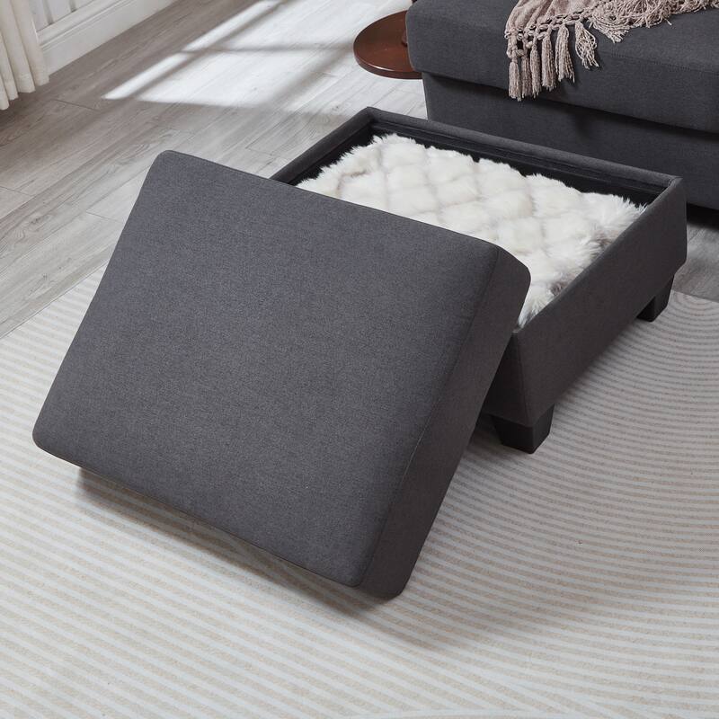 L Shaped 3 Seats Sofa with Armrest Organizer, Linen Sectional Sofa with Movable Ottoman, Comfy Upholstered 3 Seater Couch,