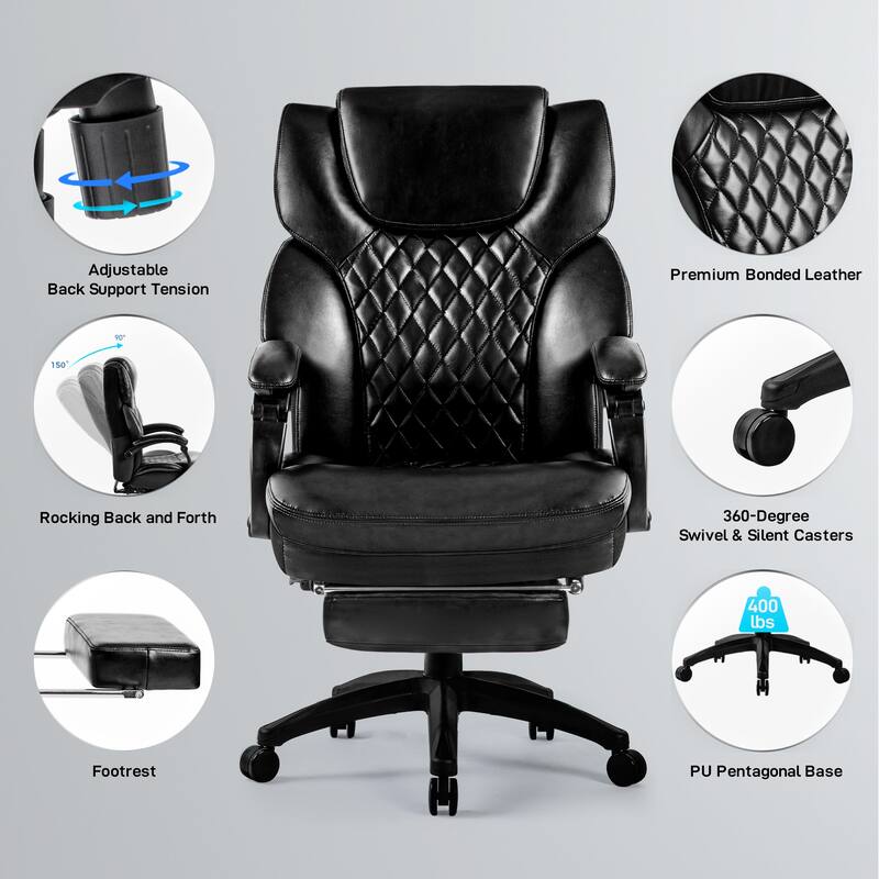 High Back Big & Tall 400lb Office Chair with Footrest Bonded Leather Ergonomic Executive Desk