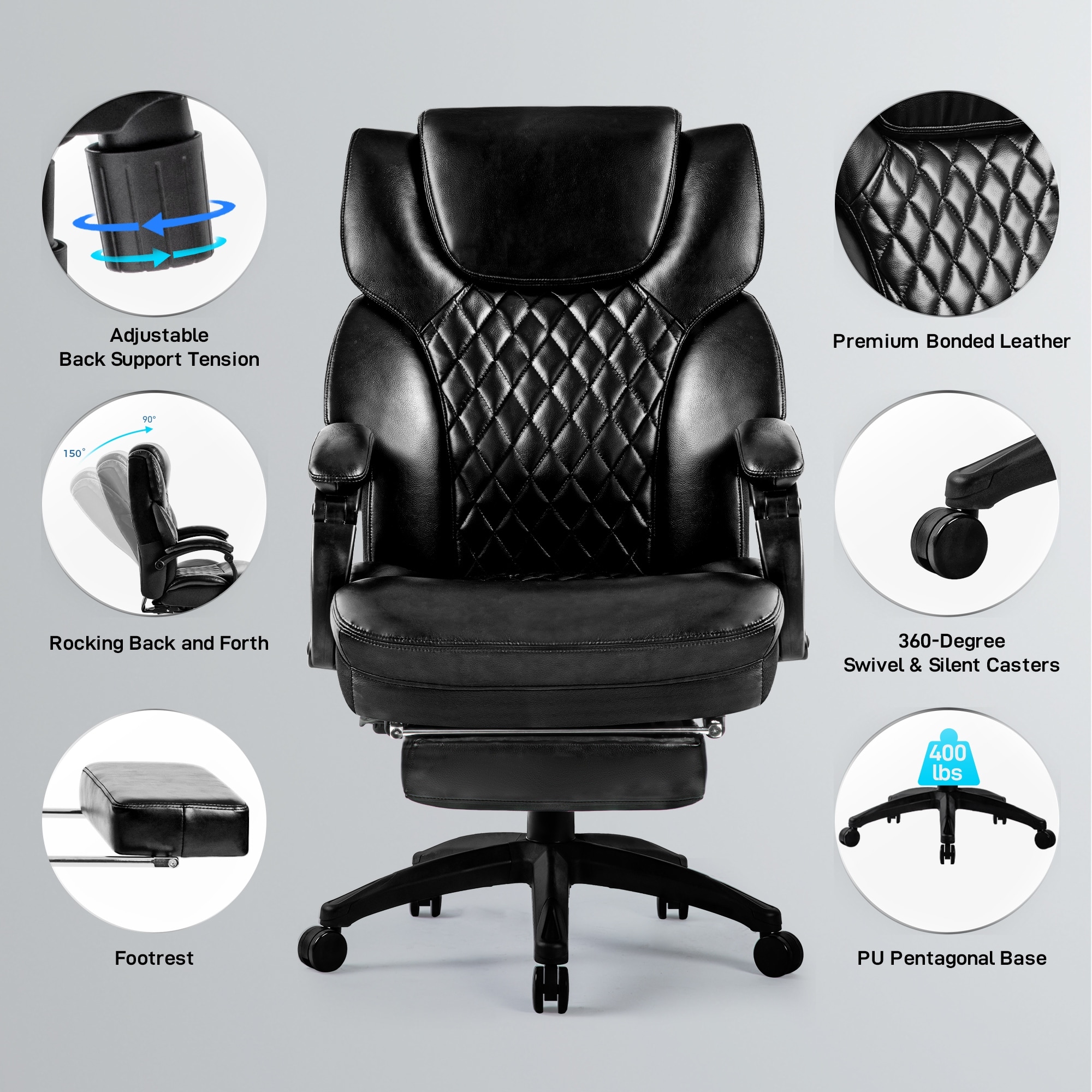 Black ergonomic pu leather big and tall office chair with footrest deals