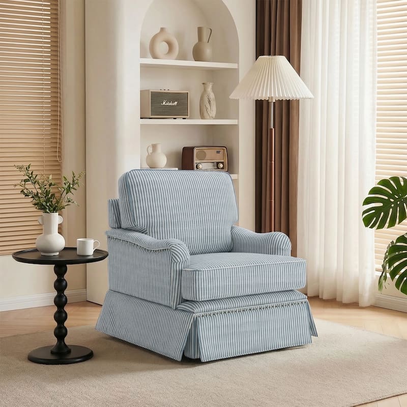 Skirted Swivel Accent Nailhead Barrel Chair - Pinstripe Blue