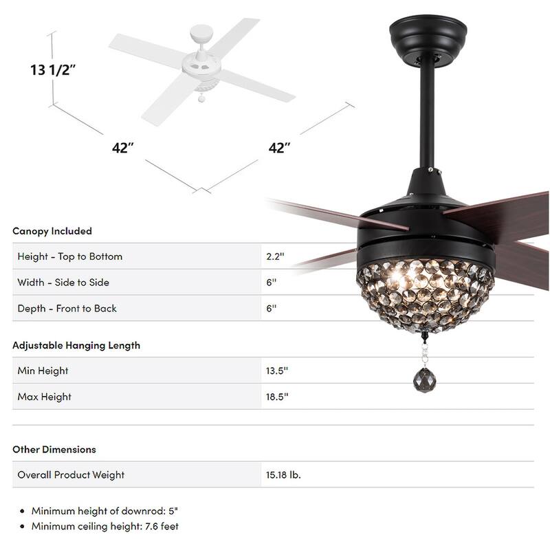 Bella Depot 52" Modern Crystal Ceiling Fan with LED Light, Reversible Ceiling Fan with Remote Control
