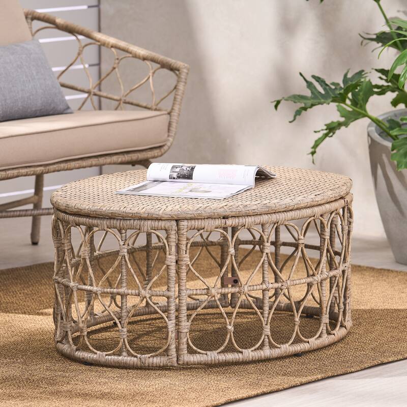 Boho Wicker Weave Coffee Table, 32.5" W - Polyethylene Rattan, Outdoor/Indoor Use