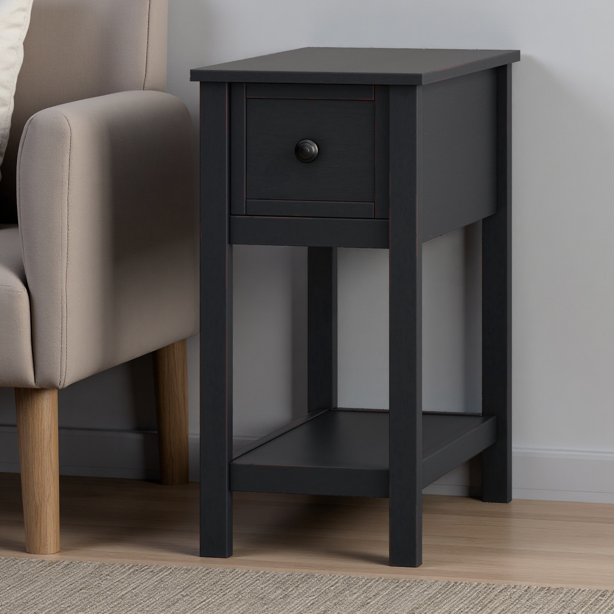 11.75"L Narrow 1-Drawer Solid Wood Veneer Side Table with Fixed Shelf