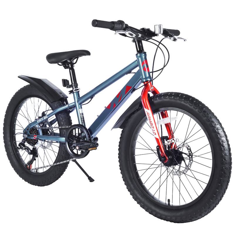 20 Inch Kids Bicycles Fat Tire Mountain Bike, Kids Beach & Snow Bicycle with Dual-Disc Brake & Shimano 7-Speed for Boys & Girls - Grey