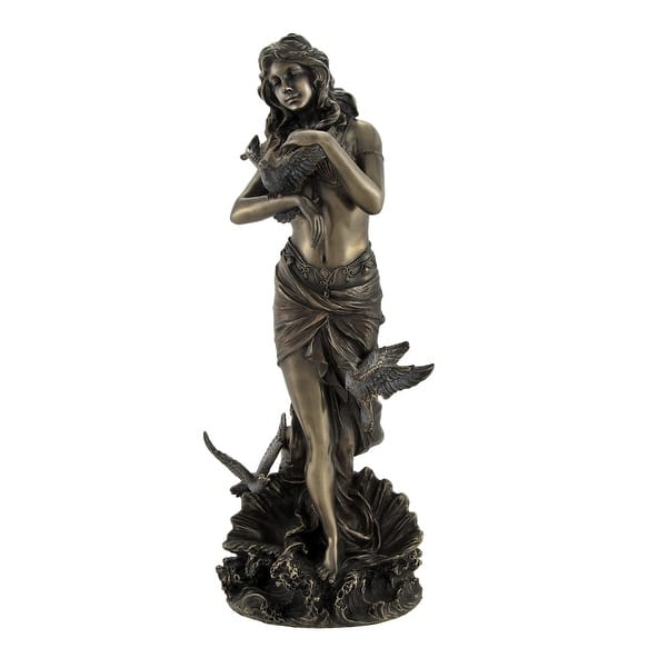 Bronzed Aphrodite With Doves On Scallop Shell Statue - 10.75 X 4.5 X 3.75 inches