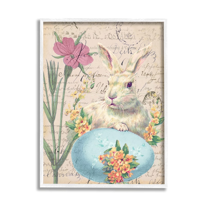 Stupell Easter Bunny Spring Blue Egg Vintage Postal Script Framed Wall Art - 24 x 30 - White