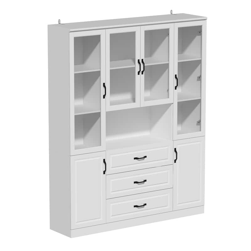 Large White Buffet Elegant Kitchen Cabinet with Glass Doors Dislplay