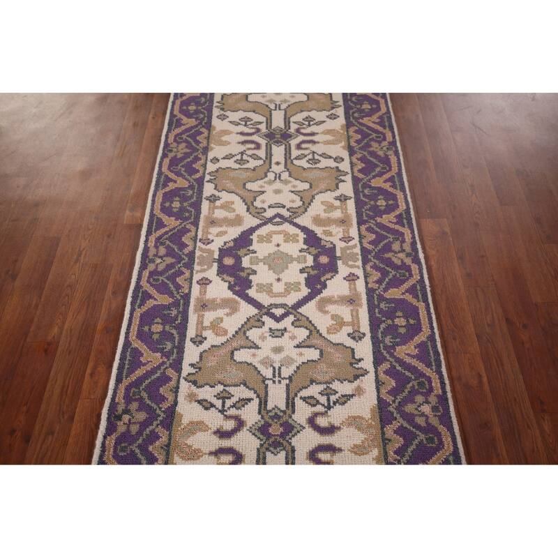Ivory & Purple Oushak Indian Runner Rug Hand-Knotted Wool Carpet - 2'8"x 10'1"